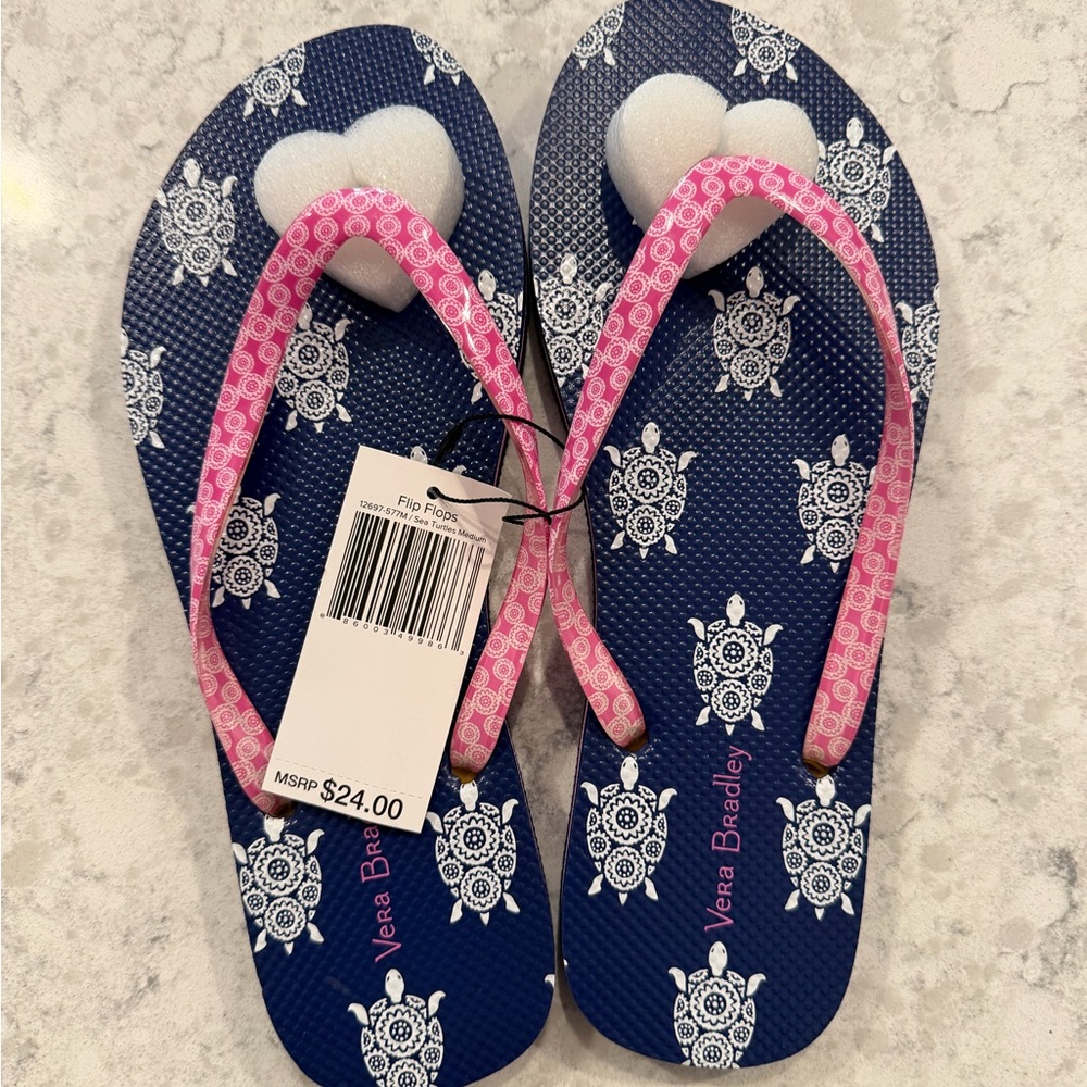Vera Bradley Navy Flip Flops with Pink Patterned Straps